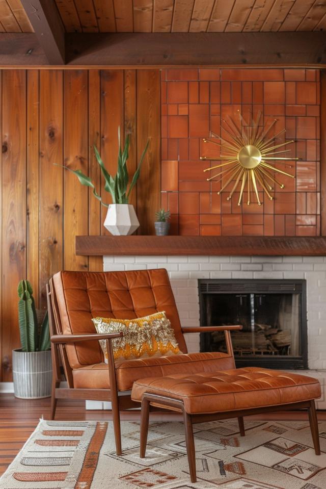 The wooden coat includes the spirit of the middle of the century and is decorated with a retro aesthetics that transports the room into a past era of style and sophistication.