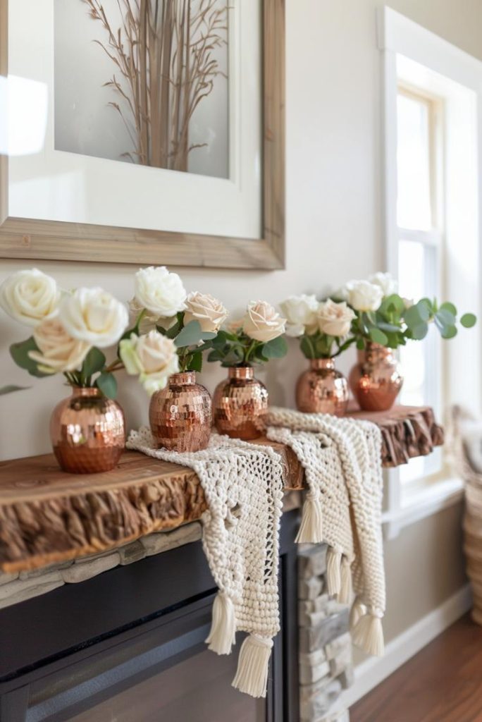 The wooden coat becomes a canvas for a symphony of textures, from a unique crocheted runner to shiny copper pervases filled with velvet -soft white roses.