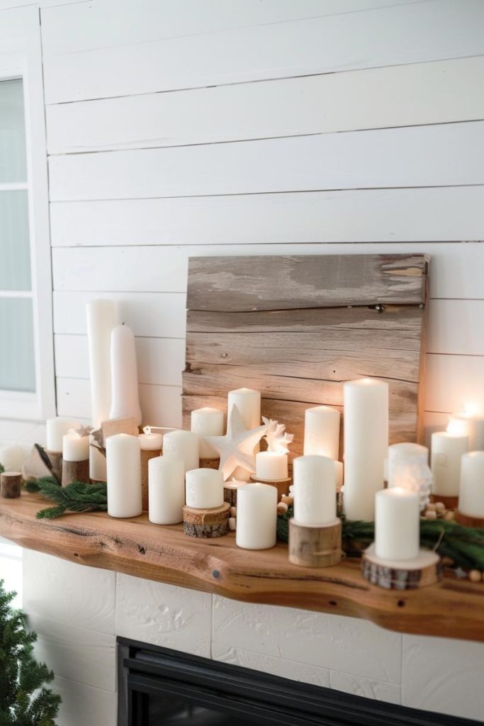 This simple wooden coat includes the essence of Scandinavian simplicity and is adorned with neutral decorations and streamlined shapes such as a simple wooden block calendar and round white candles for perfect, reserved elegance.