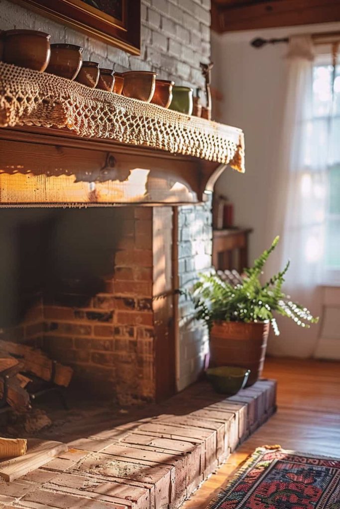 The wooden coat becomes a beacon of the warmth and comfort, which is with a handmade decor such as ceramics and soft, inviting textures such as a cream -colored runner that creates a cozy and inviting atmosphere, a beacon of warmth and comfort.