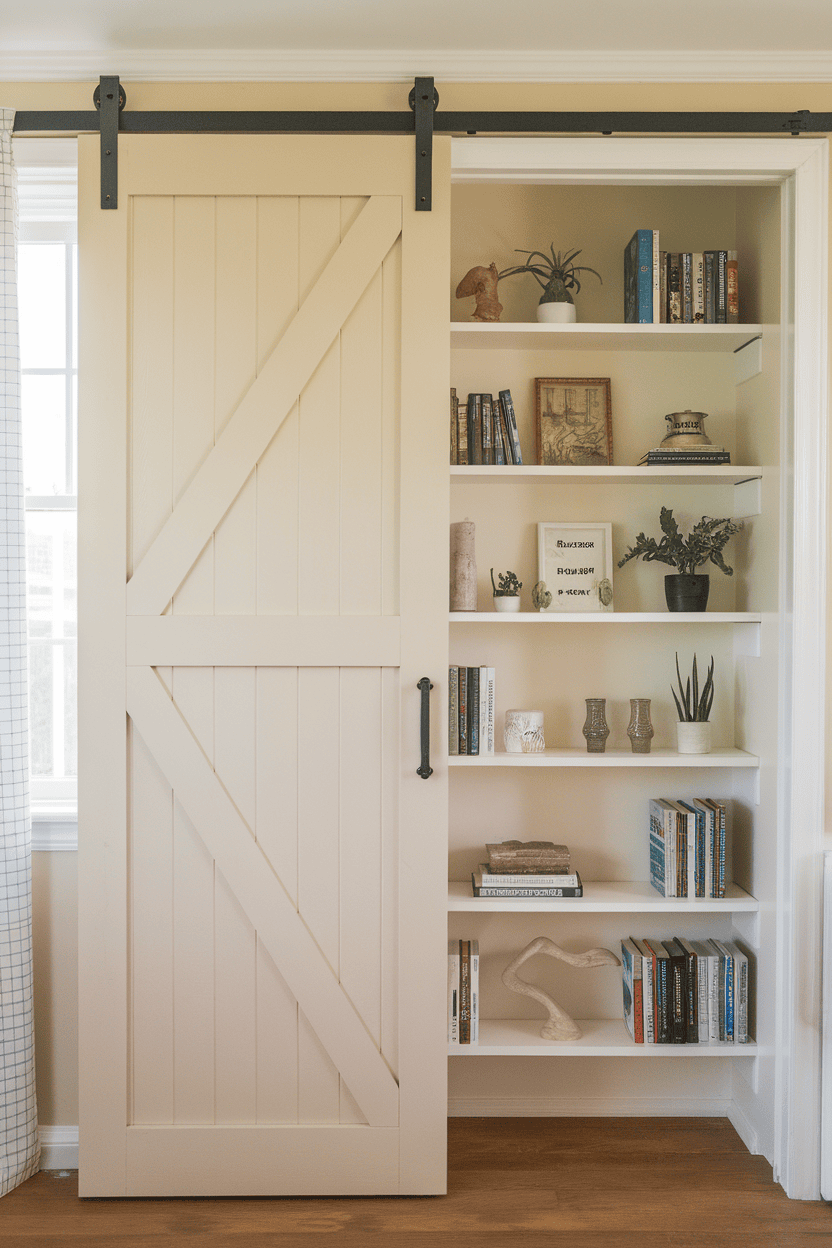 A sliding door hides shelves in a mud room and shows books and plants.