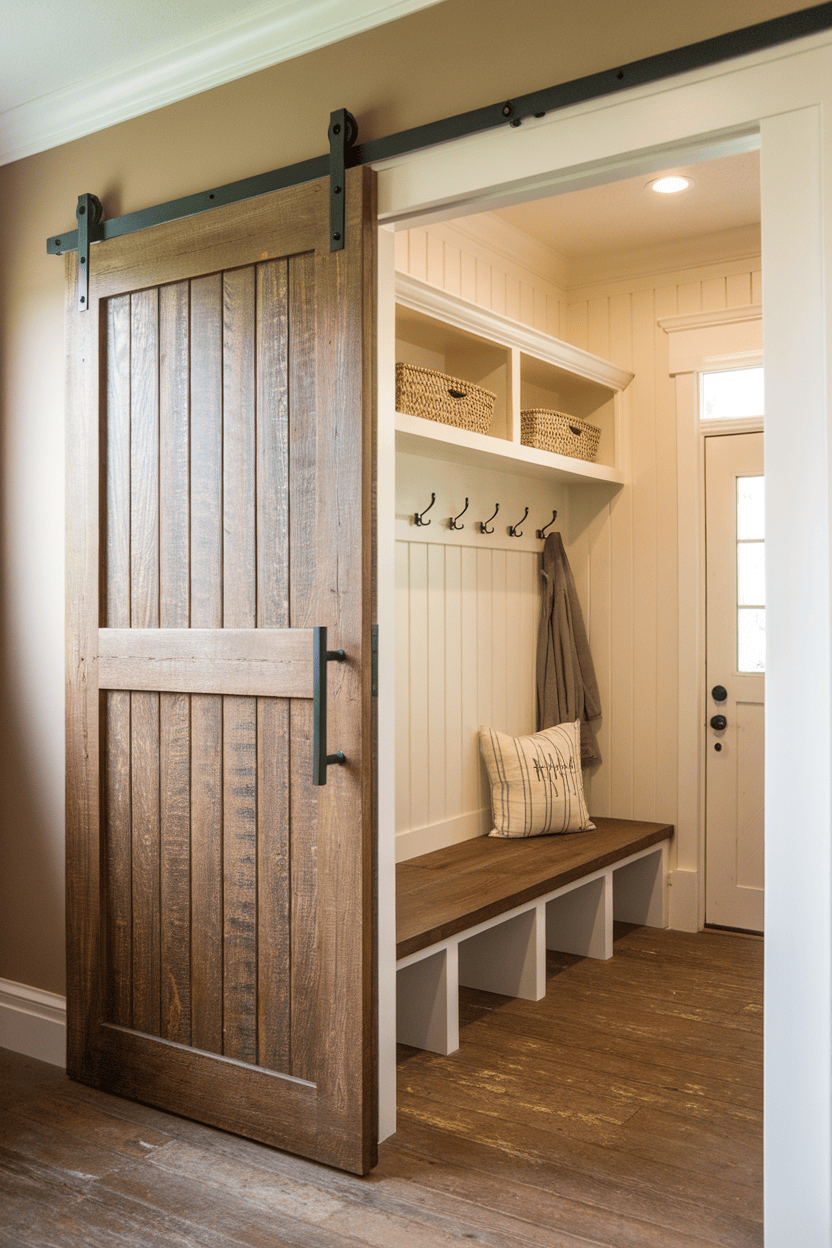 A farmhouse mudraom with a barn door, a wooden bench, hook for coats and warehouse baskets.