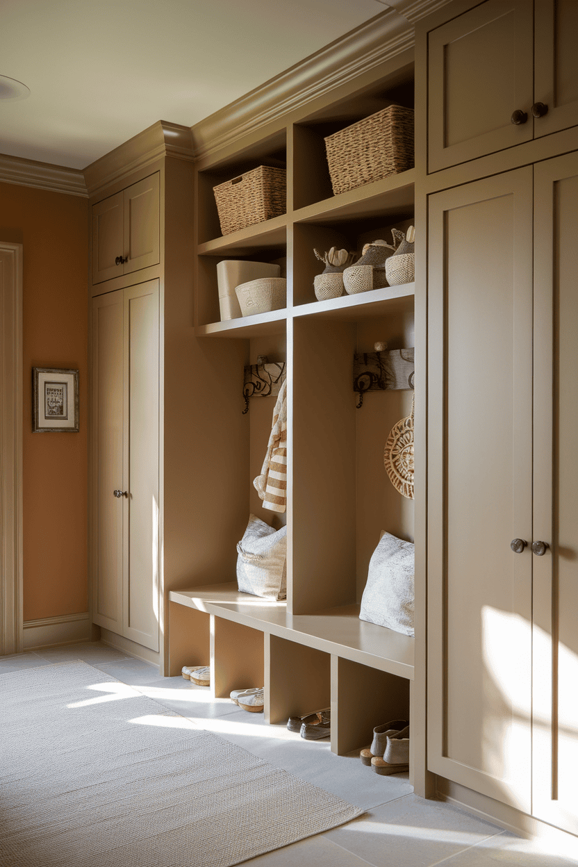 Open shelves and closed cupboards in a mudroom with woven baskets and decorative objects.