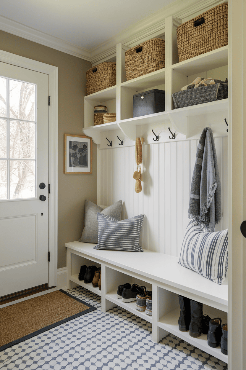 An entrance area of the small mutroom with floating shelves, organized storage and a cozy seating area.