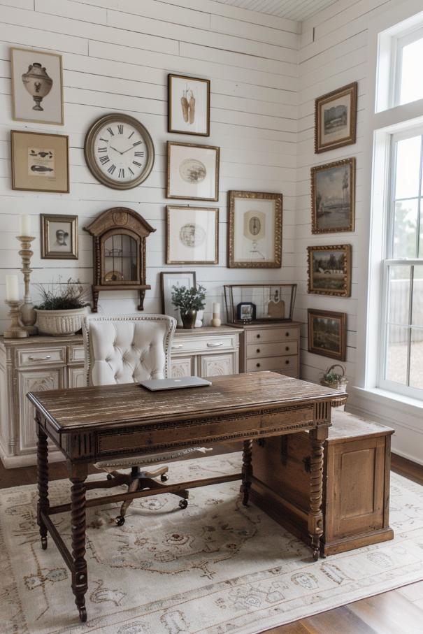 A weathered wooden desk is the focus, paired with a plush, neutral chair.