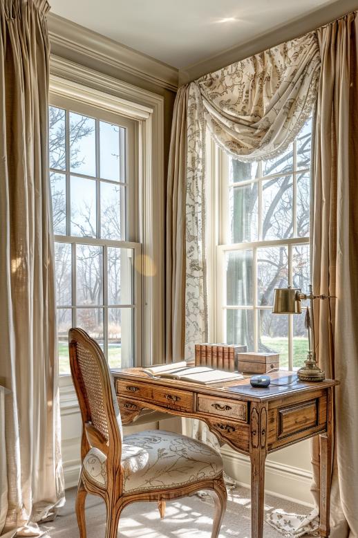 Curtains in classic fabrics and patterns decorate the windows of this office.