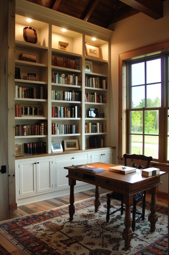 Bookshelves proudly bear the weight of several books and plunges, which take place impressive and serve as a aesthetic background for the simple wooden desk in this charming home office.