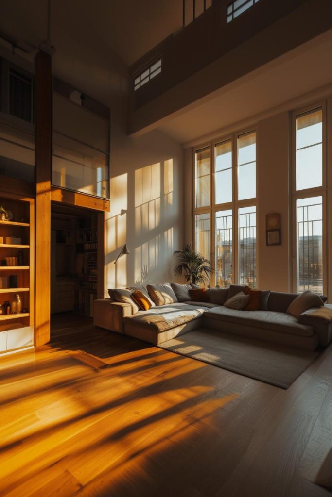 A comfortable intersection and corner lamp throws a warm glow and reinforces the shining properties of the minimalist decor.