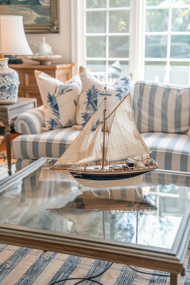 Sail on a maritime inspired decor trip with nautical stripes and a miniature sailboat model that decorates your coffee table.