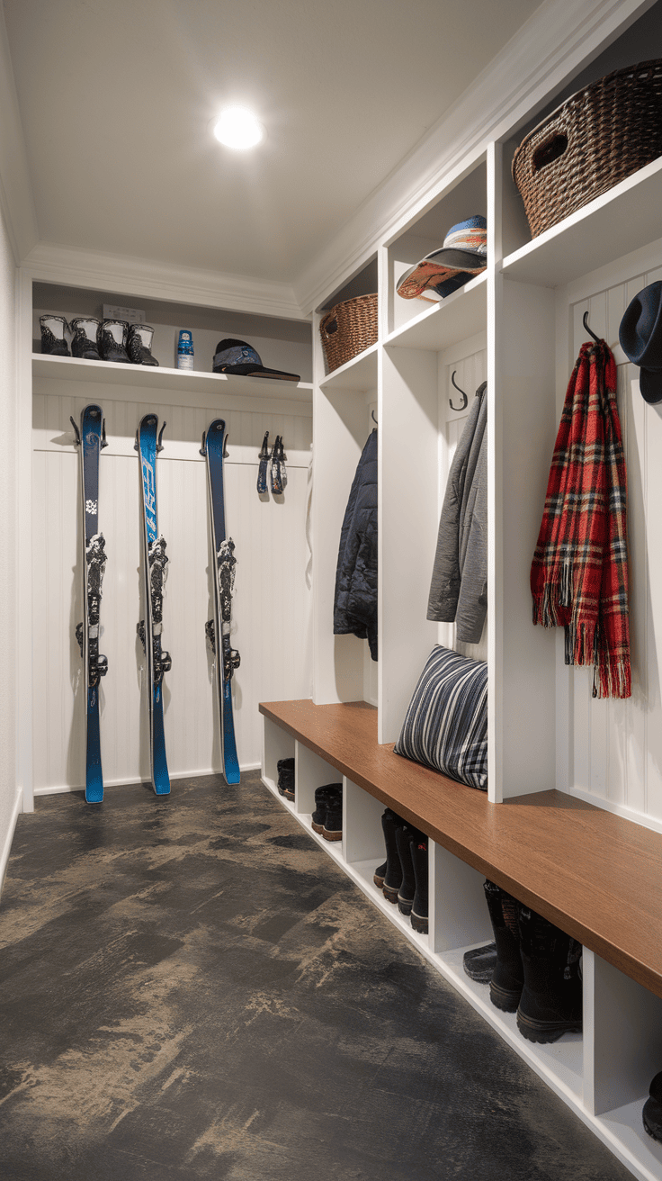 A well -organized mudroom with ski equipment, shoes and shelves.