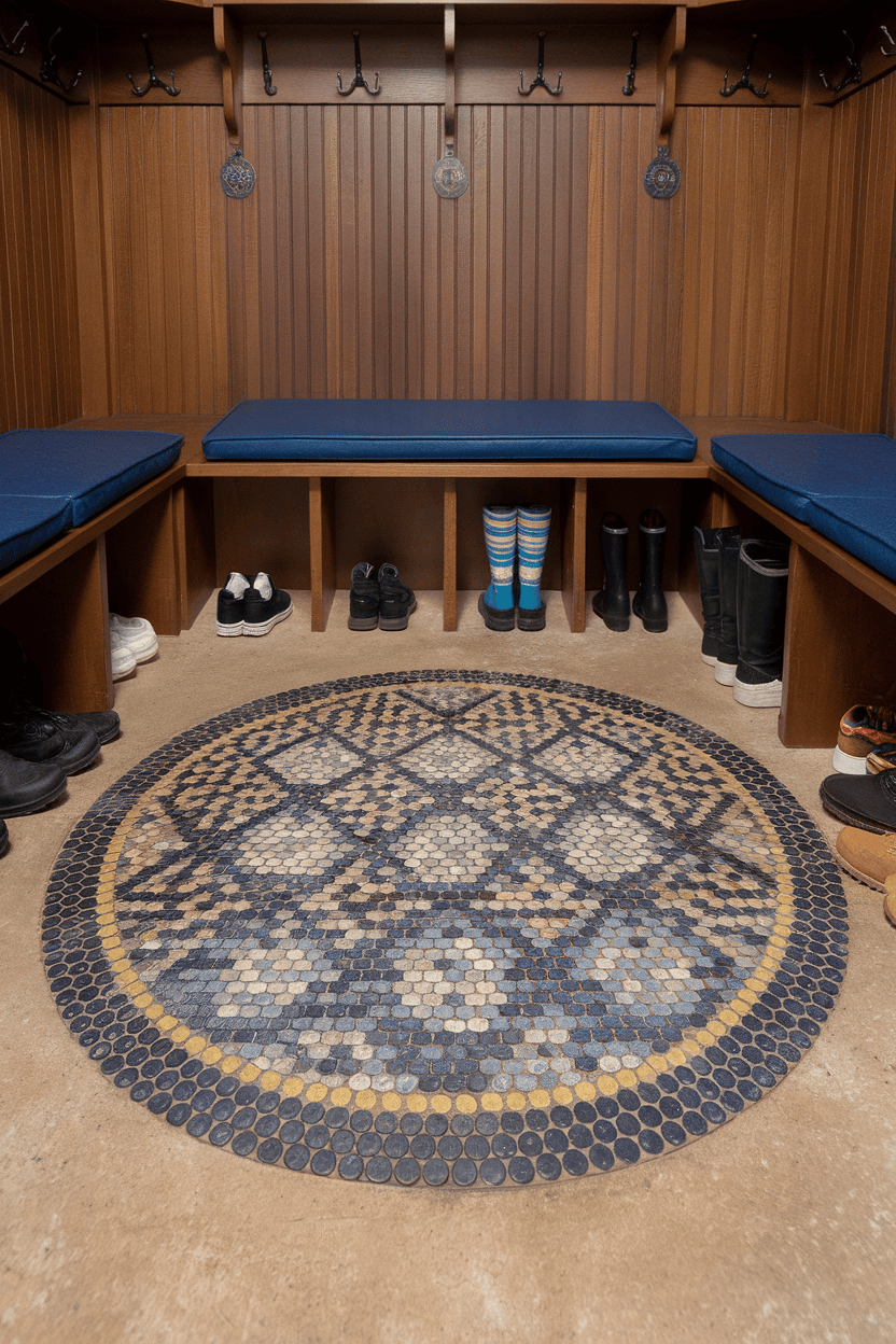A cozy room with a circular Penny tile carpet, surrounded by wooden benches and hooks.