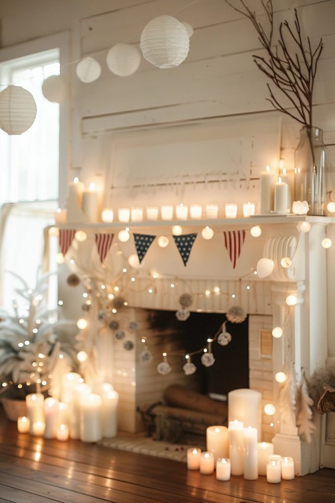 A decorated fireplace is adorned with burning candles, white lanterns and bright string lights. Amks hang over the fireplaces, accompanied by minimalist, festive ornaments.