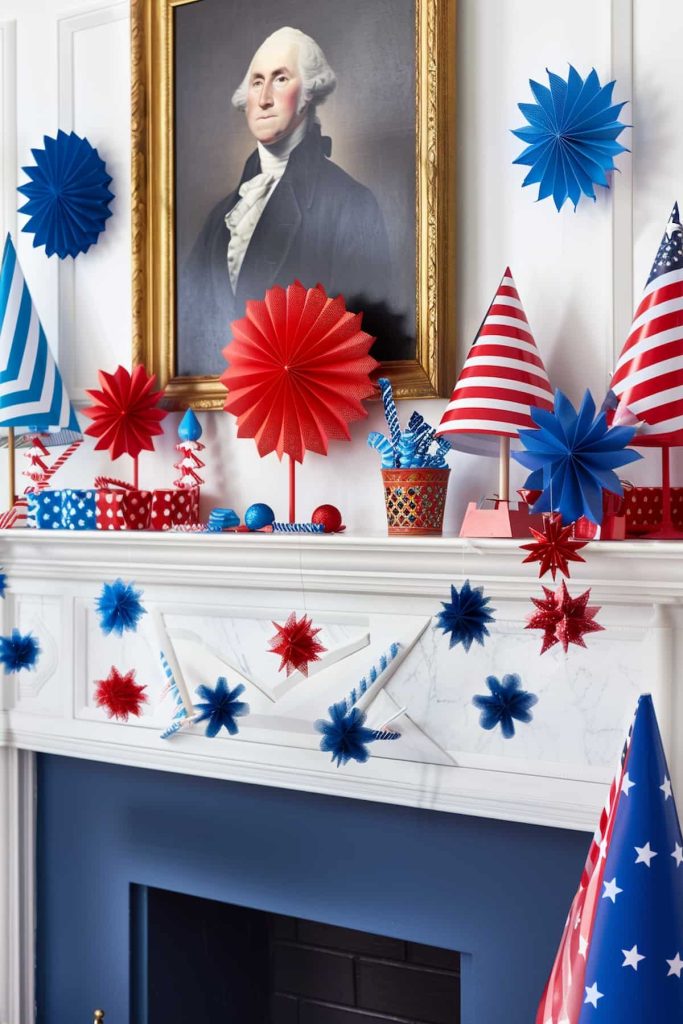 A fireplace that is decorated with red, white and blue patriotic ornaments, including paper stars, flags and garlands. Above the fireplace there is a framed portrait of a historical figure in an elegant gold frame.