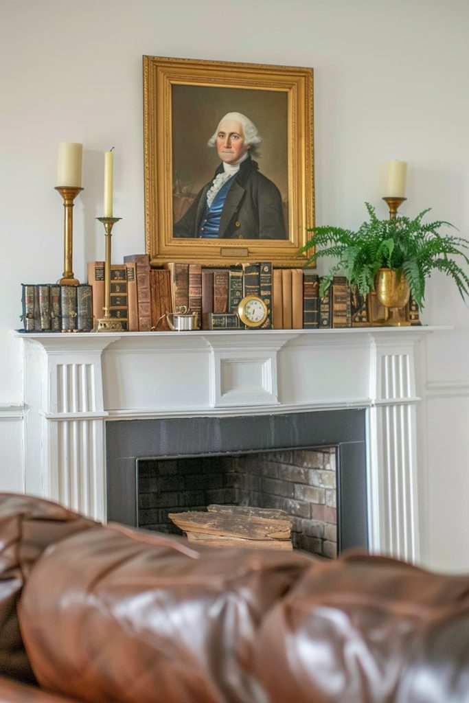 A white chimney coat that is adorned with vintage books, brass candlesticks, a small clock and a pot fern. A framed portrait of a man hangs over the fireplace.