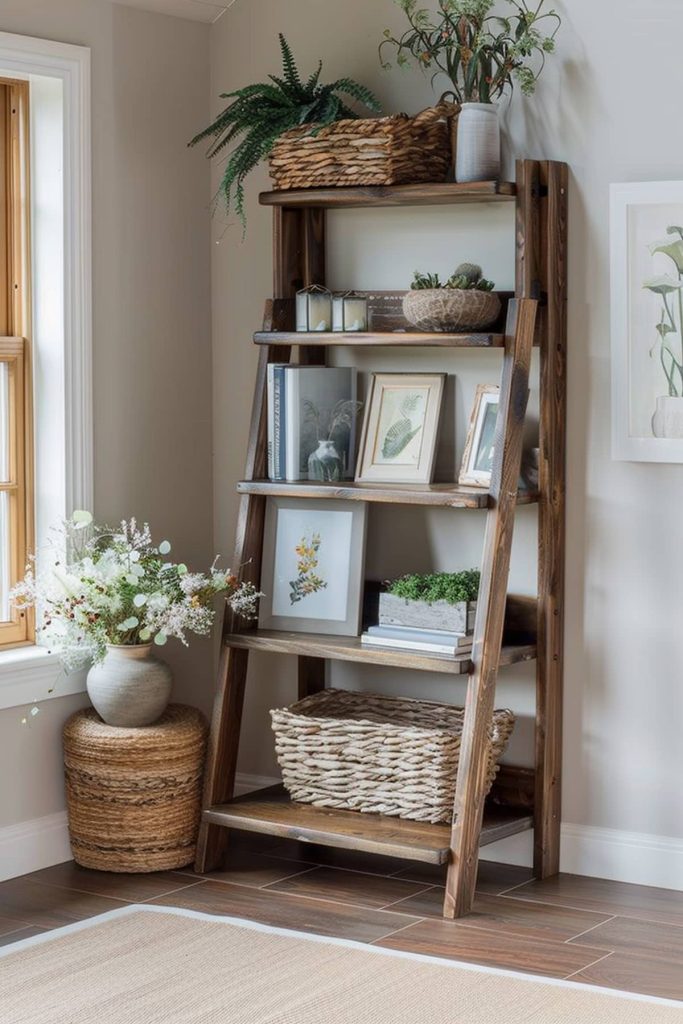 Potted plants, framed botanical prints and woven baskets stuffed in a wooden shelf. There is a large woven basket with flower arrangement on the floor next to the shelf.