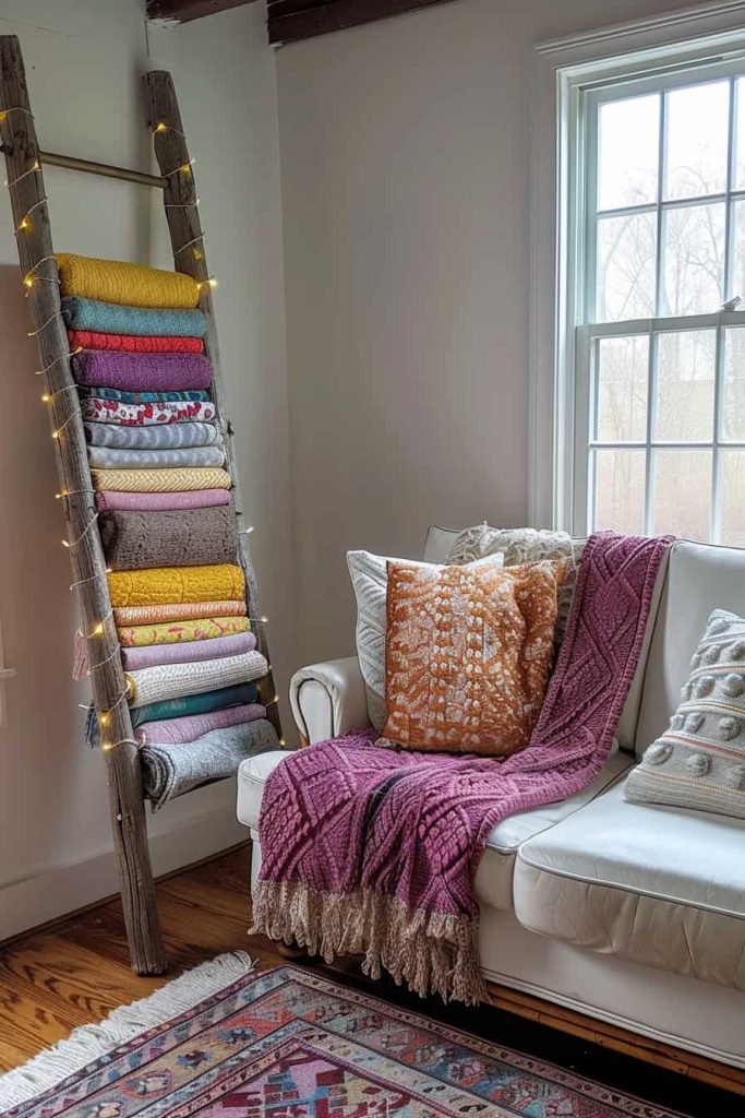 A living room with a wooden ladder that was converted as a ceiling shelf leans on a wall next to a window and decorated with fairies. It contains various patterned and colorful knitted ceilings. A white sofa is next to it with patterned pillow AMD ceiling.