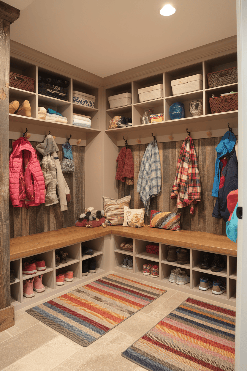 A cozy mud room with hooks for coats, cubbies for shoes and colorful carpets that were developed for easy use by children.