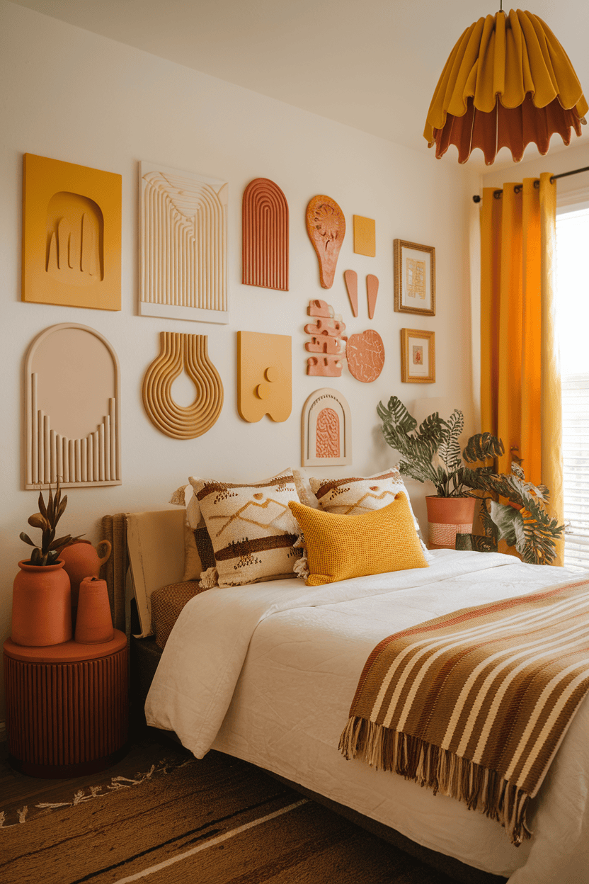 A cozy bedroom with a gallery wall with yellow and terracotta art, supplemented by warm bed linen and plants.