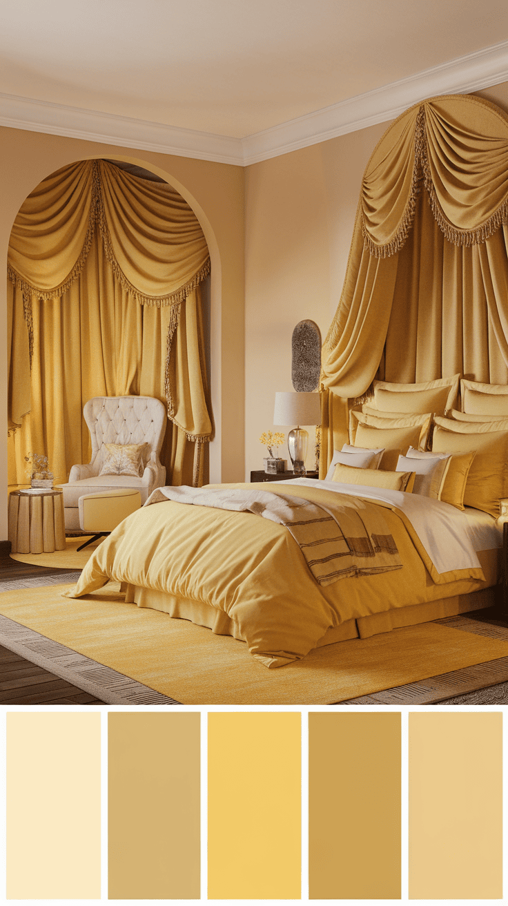 A beautifully furnished bedroom with yellow textiles, including curtains, bed linen and carpet.