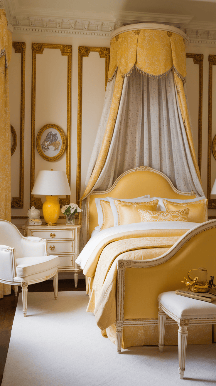 A beautifully arranged bedroom with yellow -white decor with elegant furniture.