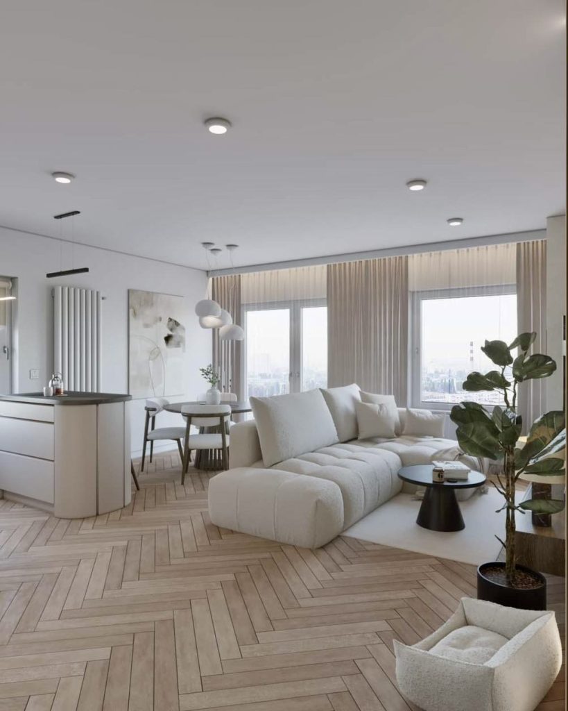 Pale herringbone tile matte flooring