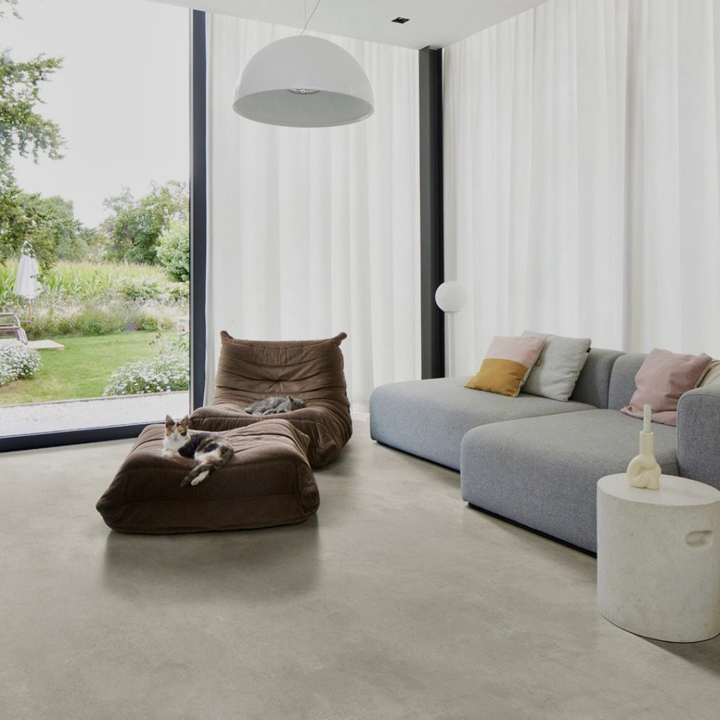 Concrete-look flooring in minimalist living room