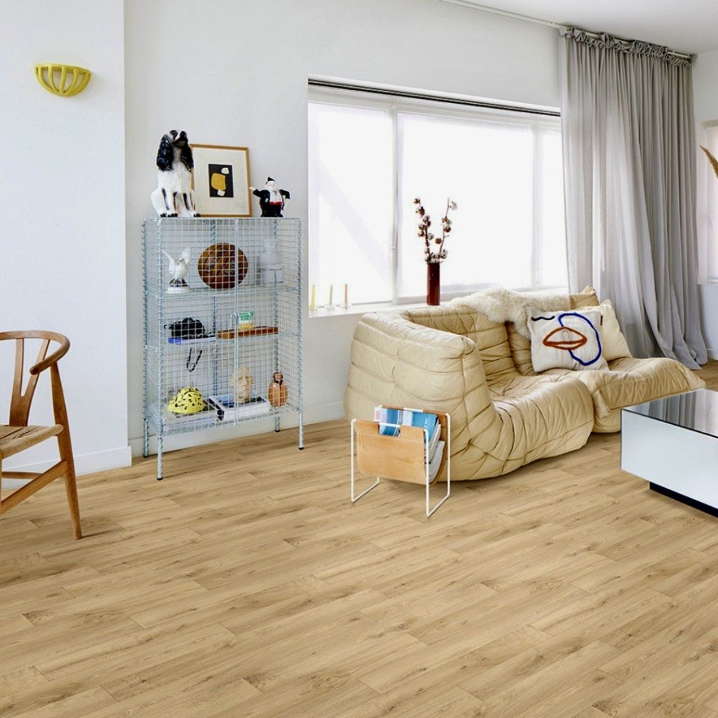 Warm oak vinyl flooring in eclectic living room