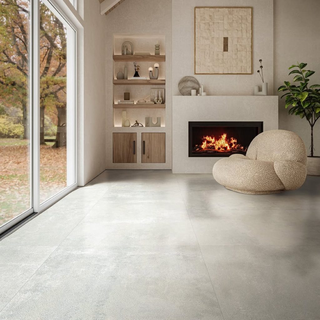 Marble or concrete-like tile flooring in neutral tones