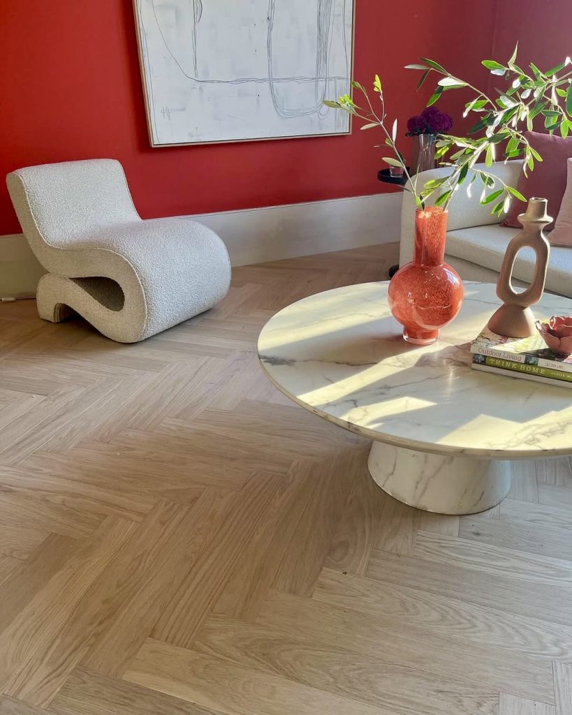 Medium-tone herringbone wood flooring