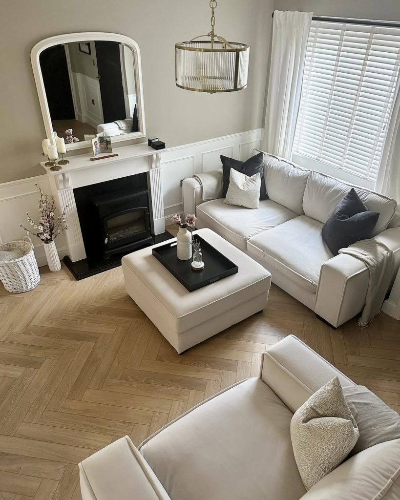 Light parquet flooring with fireplace