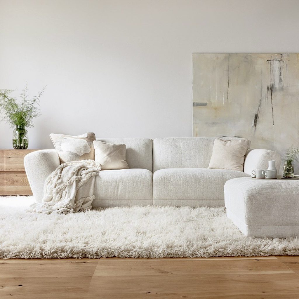 White bouclé sofa on thick carpet with wood accents