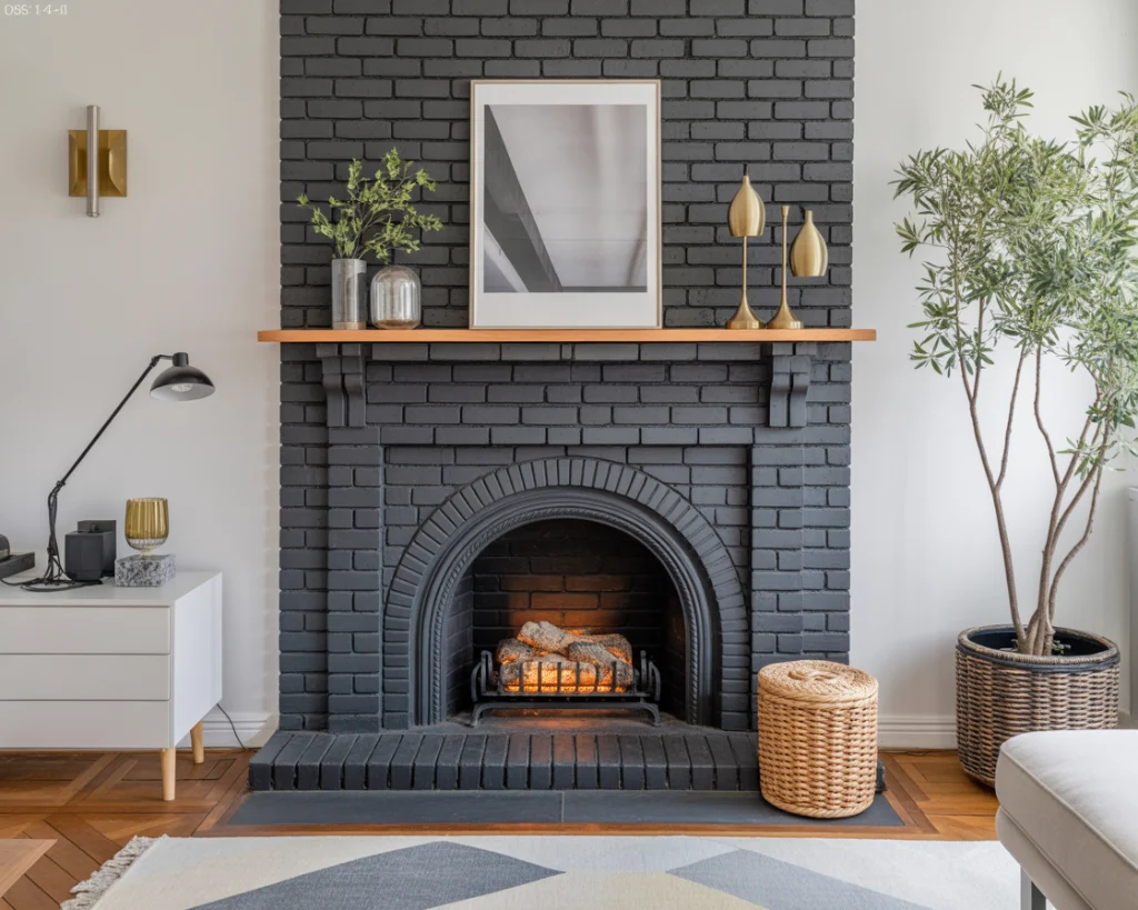 After black painted fireplace with brass sconces