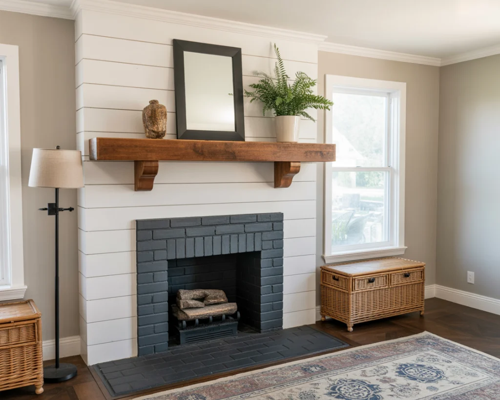 After farmhouse shiplap fireplace with vintage mantel