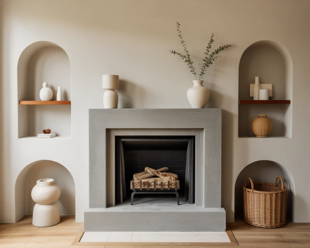 After concrete overlay fireplace