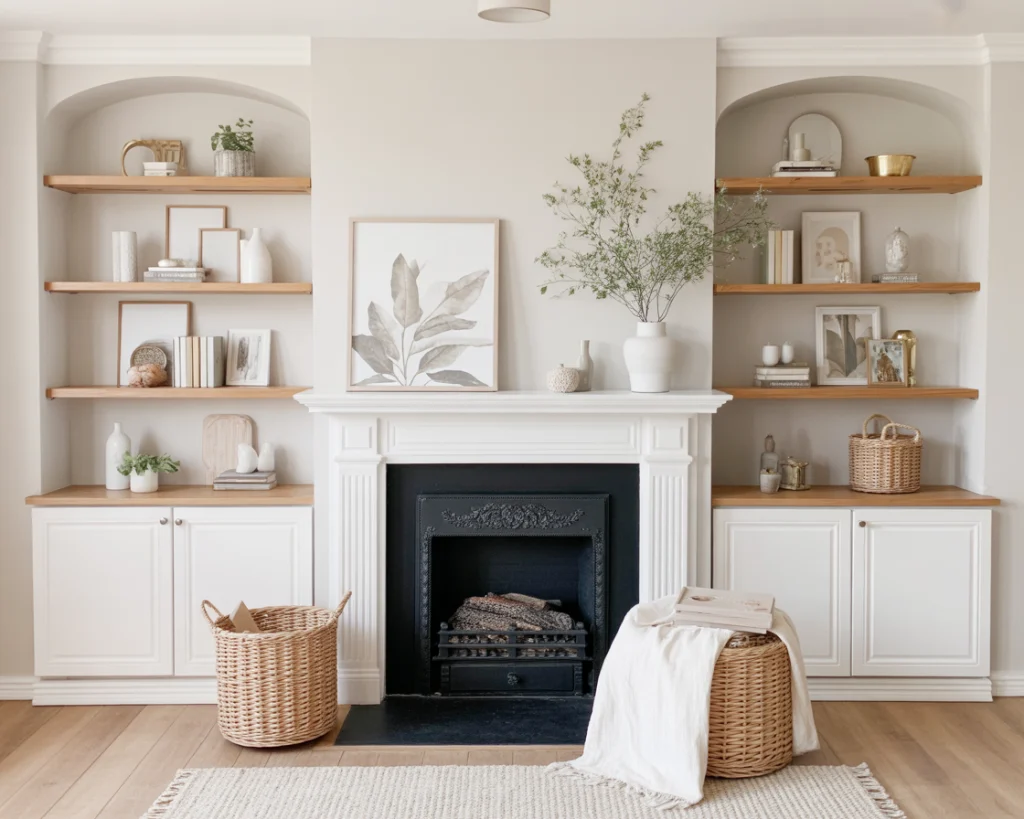 After built-in fireplace surround with shelves
