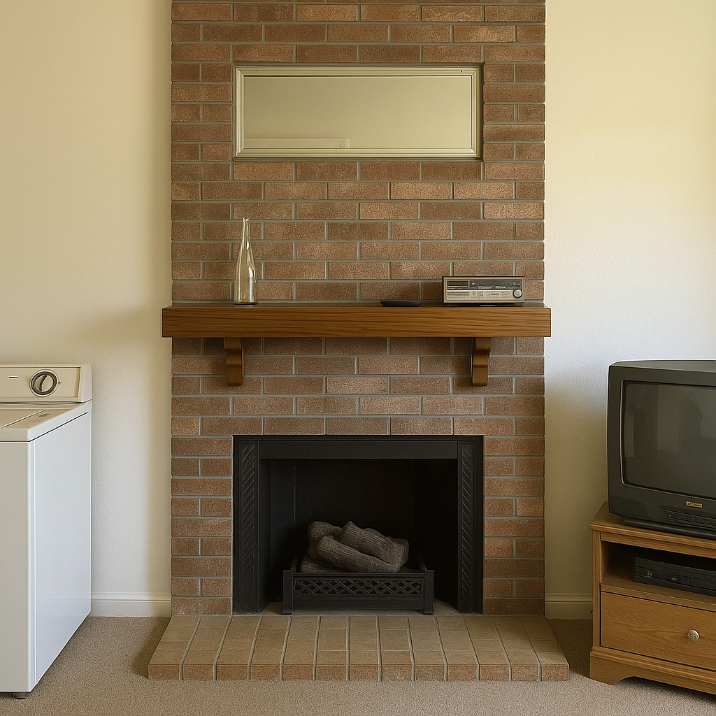 Before mid-century stone fireplace
