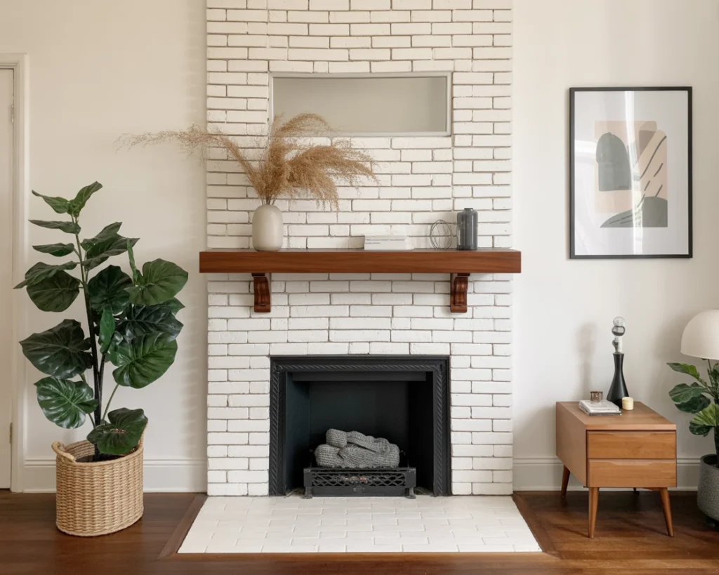 After mid-century stone fireplace with walnut shelf