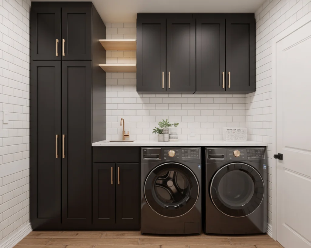 After black and white laundry closet