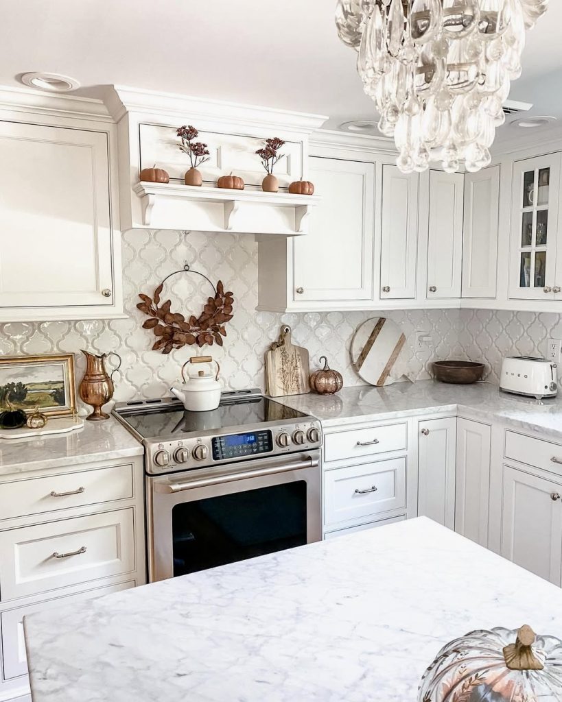 Marble Kitchen with Pumpkin Decor