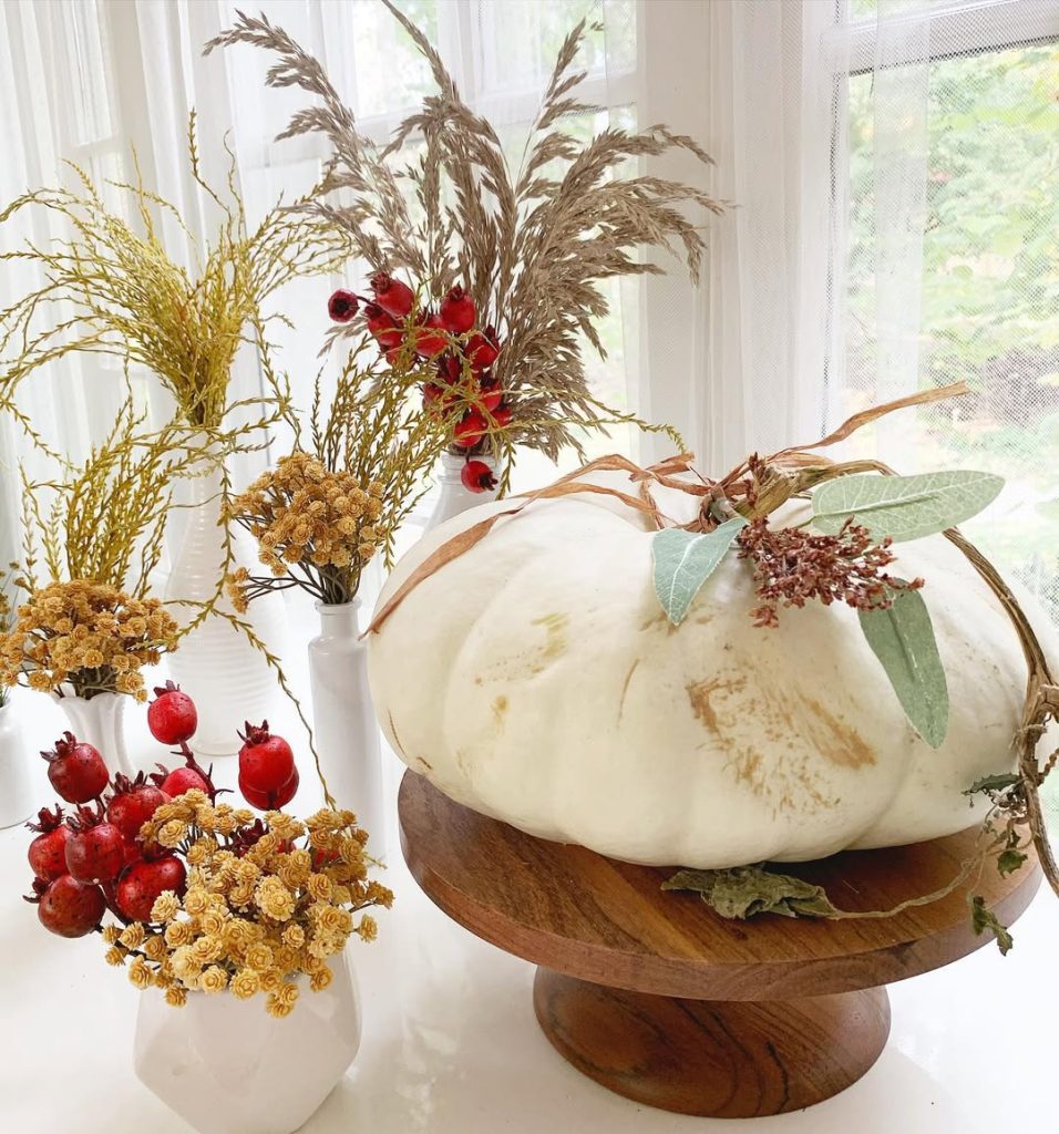 White Pumpkin and Wild Grass Display