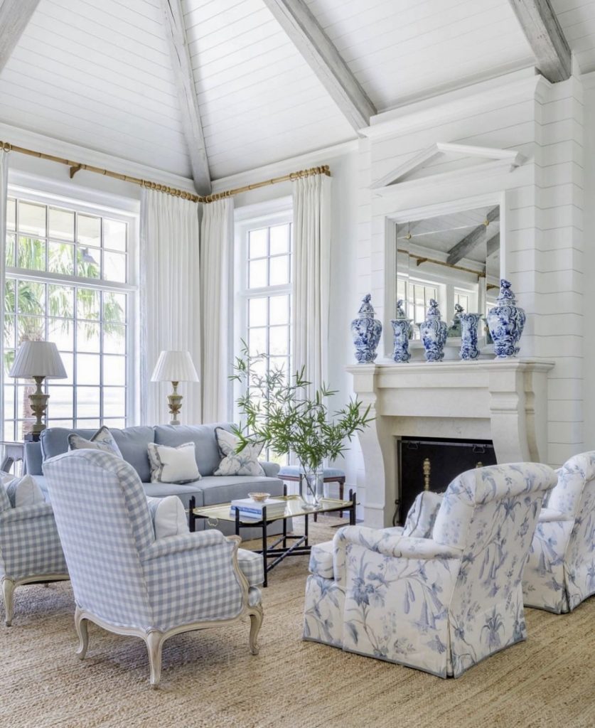 Coastal cottage living room with blue gingham and floral upholstery