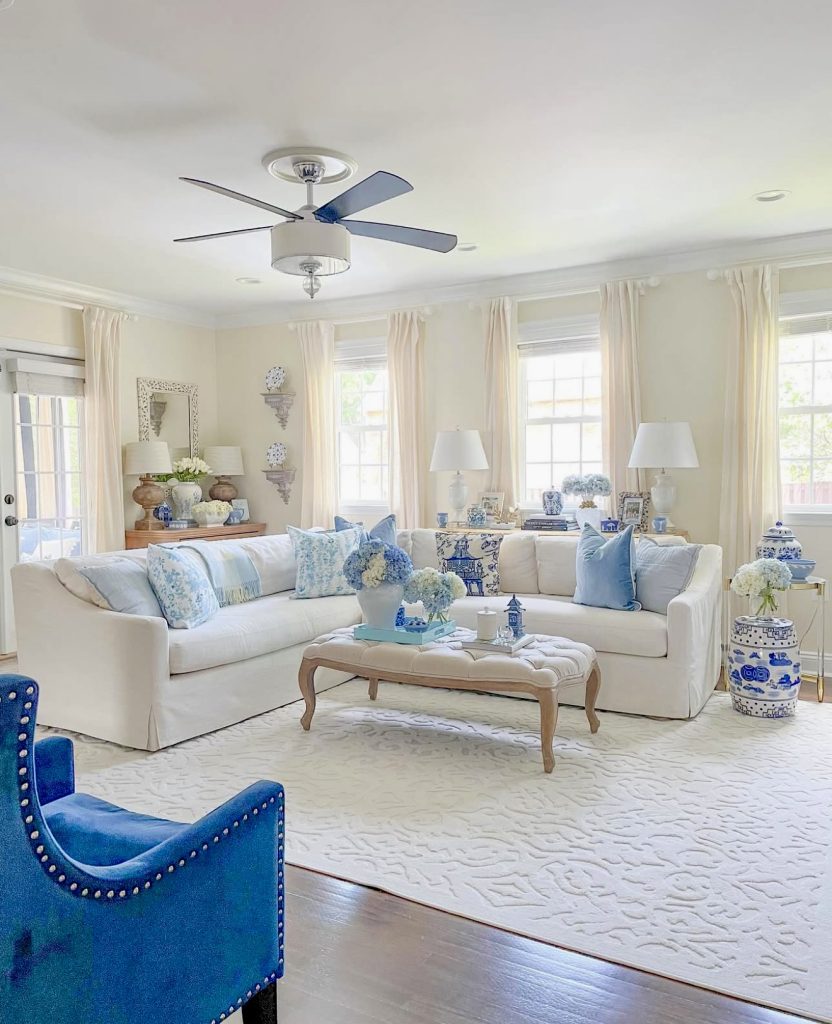 Blue and white living room with soft neutrals