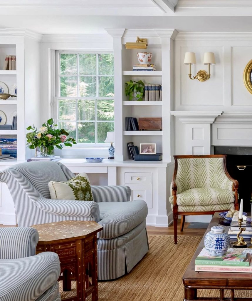 Blue and white living room with botanical accents
