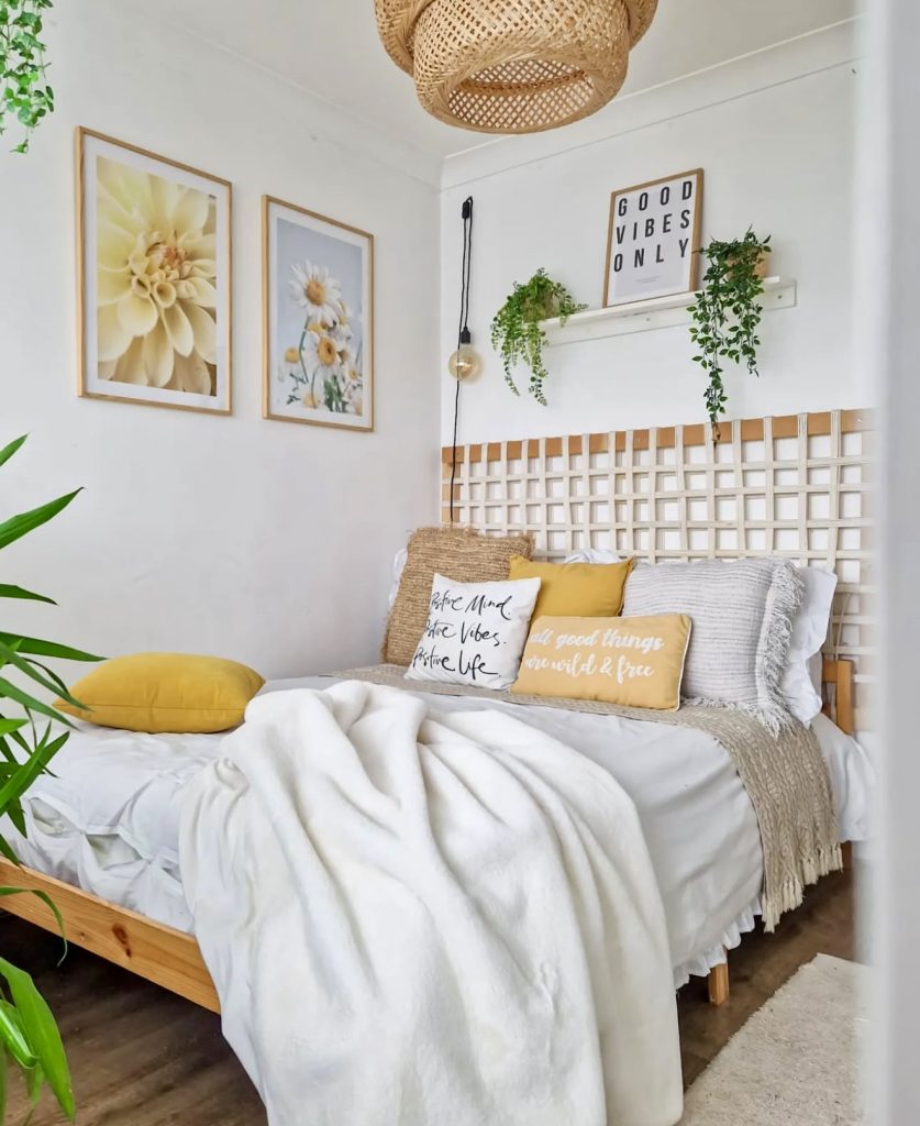 Textured no headboard bedroom with natural light