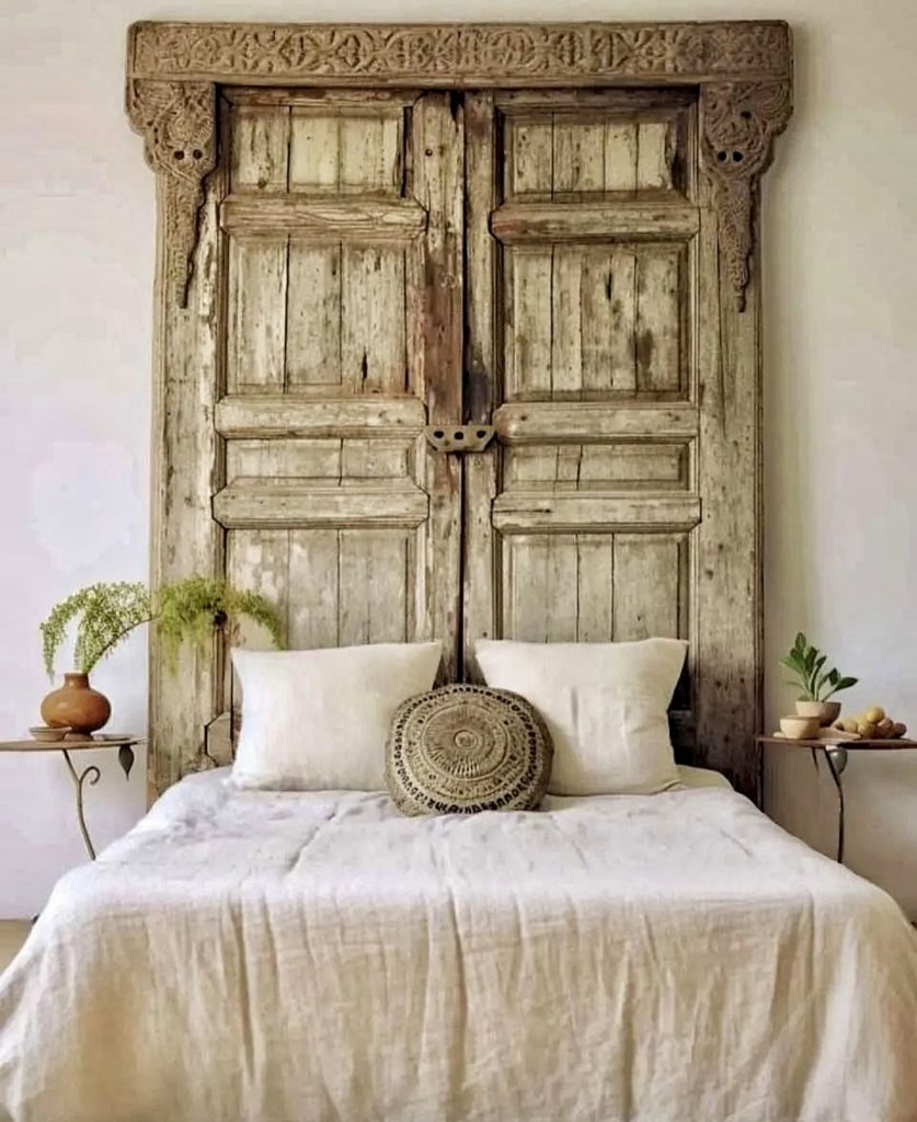 Rustic bedroom with repurposed door backdrop