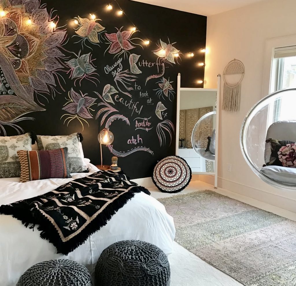 Chalkboard wall as bedroom focal point