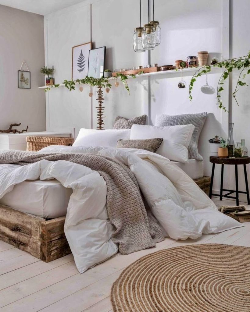 Rustic platform bed with overhead shelving