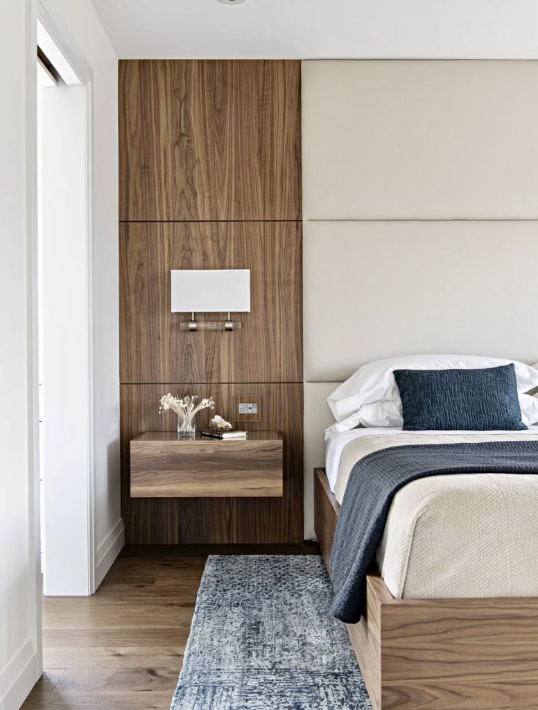 Modern bedroom with wood paneling