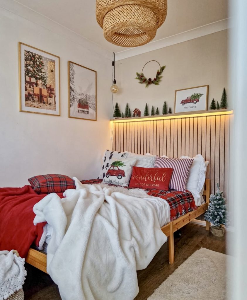 Holiday-inspired bedroom with wood accents