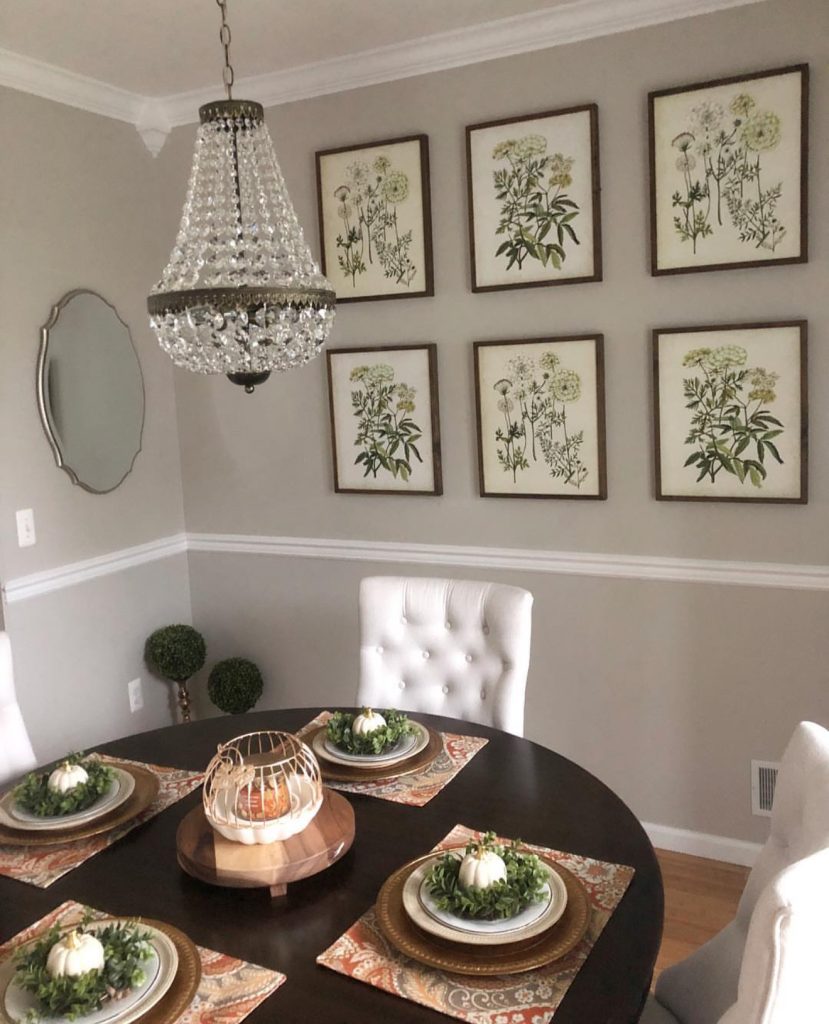 Vintage botanical prints in dining room